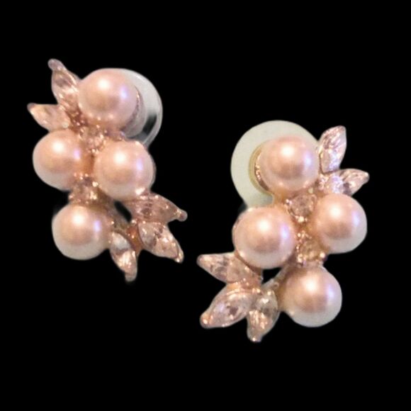 Vintage Tanya Lind Silver Tone Faux Pearl and Rhinestone Cluster Earrings - Picture 1 of 4